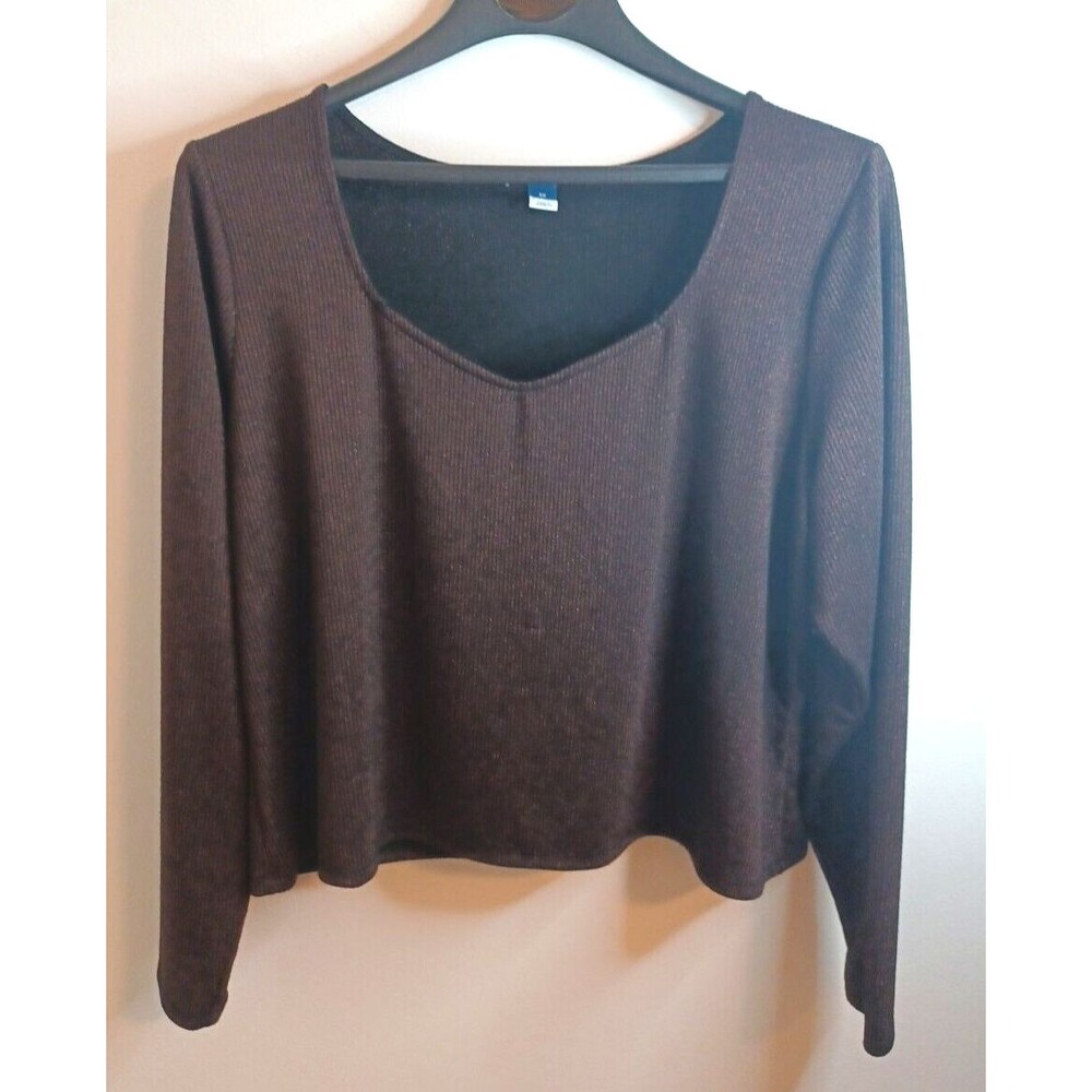 Old Navy V Neck Pullover Knit Top 3X Brown Glitter Ribbed Longsleeve Casual Boho